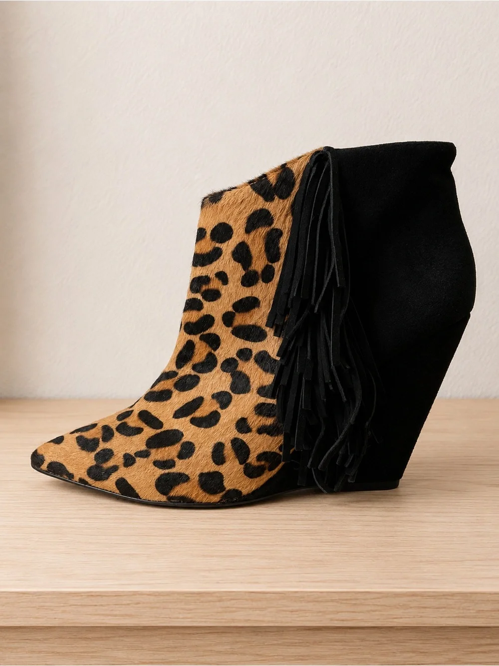 Betsey Johnson Leopard Haircalf  Fringe Wedge Ankle Boot - Black & Tan